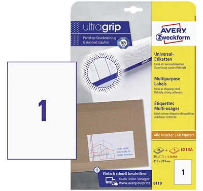 Produktbild von Avery Zweckform 6119 Universal-Etiketten, 210 x 297 mm, 25 Blatt/25 Etiketten, weiß
