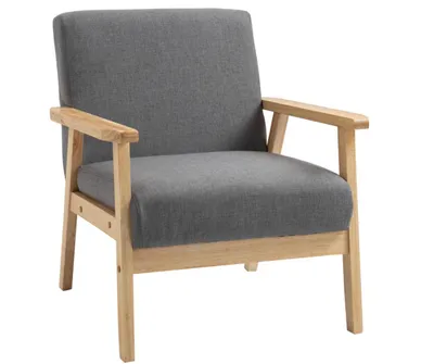 A single gray armchair with wooden legs and armrests is shown against a white background.