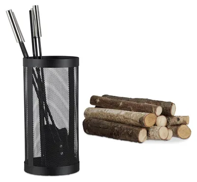 Produktbild von TRANKIELO® – 5-teiliges Kamin-Set im Eimer – Schaufel, Besen, Schürhaken, Zange, Ständer – Modernes, schwarzes Kaminbesteck