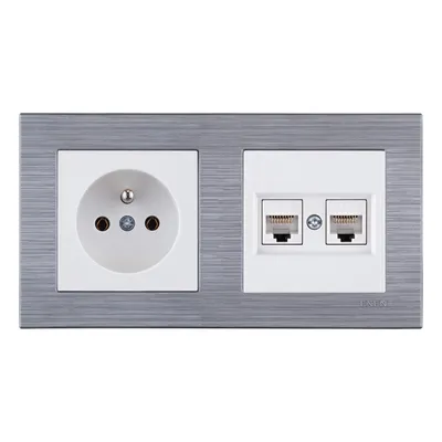 Image de Prise simple avec mise à la terre + 2 prises RJ45 pour ordinateur (cat. 6), blanche + cadre double COMFORT en acier de la marque EXEN