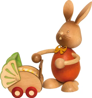 Produktbild von Drechslerei Kuhnert - Dekofigur aus Holz - Hase Stupsi mit Kinderwagen - ca. 12cm