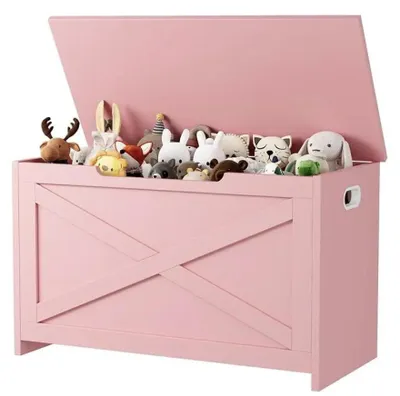 Image de Coffre de rangement - Banc en bois avec espace de rangement de 76 cm - Charnière de sécurité avec fermeture douce - Coffre à jouets et coffre à couettes - Idéal pour l'entrée et la chambre - Rose