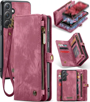 Produktbild von Schutzhülle für Samsung Galaxy A35, Vintage Multifunktions Lederhülle, Kartenfächer, Reißverschluss Hülle Rot