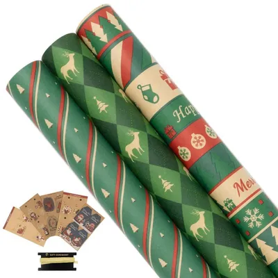 Image de Papier d'emballage kraft, 3 rouleaux de 43 cm x 6 m, avec étiquettes et ruban, idéal pour Noël et les anniversaires