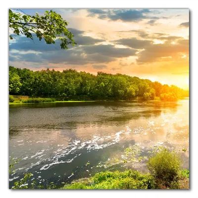 Produktbild von Wallario selbstklebende Möbelfolie/ Tischdecke für Innen und Außen, Größe: 70 x 70 cm - Sonnenuntergang am Fluss in grüner Umgebung