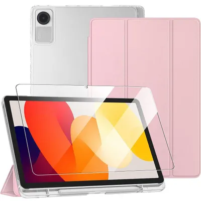 Image de Coque + Verre Trempé pour Xiaomi Redmi Pad SE 11 Pouces, Protection Antichoc avec Porte-Stylet - Rose