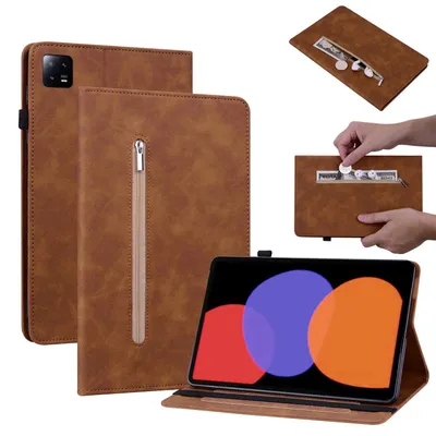 Image de Étui pour tablette Xiaomi Pad 6 / 6 Pro, 11 cm, en simili cuir marron, avec fermeture à glissière