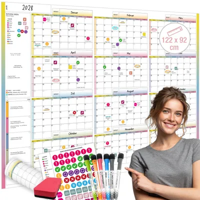 Produktbild von PlanMaster XL – Großer Jahresplaner abwischbar 122×92 cm | Whiteboard Kalender Set mit 6 Stiften, 90 Stickern & Klebepads | XXL Wandkalender wiederverwendbar für Teams, Büro & Zuhause