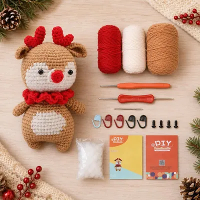 Obrázek produktu pro Sada pro háčkování "ProximaX" – sobí amigurumi, ideální pro začátečníky. Kompletní sada obsahuje příze, výplň a návod