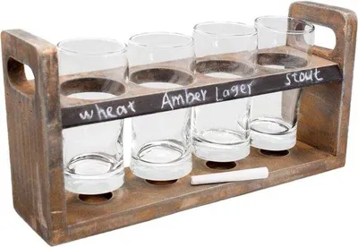 Imagen del producto de Kit de degustación de cerveza: bandeja de madera con 4 vasos de degustación. 1 juego. 33 x 16,5 x 8,5 cm