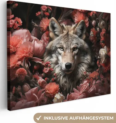 Produktbild von MuchoWow® - Leinwandbilder - Wolf - Tier - Floral - Botanisch - Natur - Fantasie, Wandbild, Wanddeko Bilder Wohnzimmer, 40x30 cm