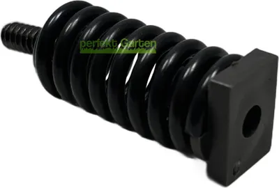 A black spring with metal attachments on a white background.
