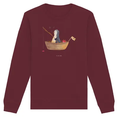 Produktbild von Mr. & Mrs. Panda Baumwoll Sweatshirt Pinguin Angelboot Größe XXL - Burgundy - Geschenk, Optimistisch, Genießen, Pulli, Angeln, Nachhaltiger Pullover, Sweater, Neuanfang