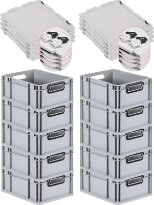 Produktbild von SuperSparSet 10x Eurobox NextGen Color mit Scharnierdeckel und Schiebeschnappverschlüssen | HxBxT 17x30x40cm | 16 Liter | Grau | Griffe schwarz offen | Glatter Boden | Eurobehälter, Transportbox, Transportbehälter, Stapelbehälter