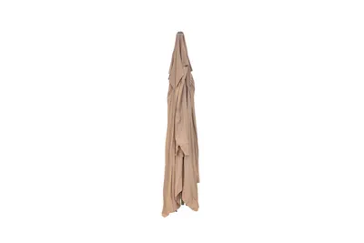 A closed umbrella is shown hanging vertically against a white background.