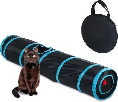 Produktbild von Famanu Katzentunnel Faltbar WxØ: ca. 115x24 cm mit Löchern & Tasche - Spieltunnel für Katzen mit Spielball - Nylon Schwarz/Blau
