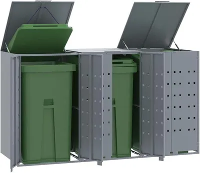 Produktbild von Mülltonnenhaus Außen mit Türen, Mülltonnenbox für 3 Tonnen Grau 207x79x117 cm Stahl, Mülltonnenschuppen Mülltonnenverkleidung Müllcontainer für Mülltonnen, Garten, Hof