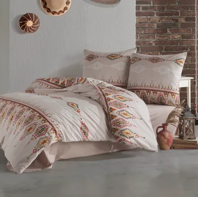 Produktbild von Bettwäsche 240x220 cm. beige 3 teilig Set 100% Baumwolle/Renforcé geometrisch Wende bettbezug, Ethnica