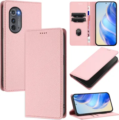 Produktbild von Litchi Leder Handyhülle für Motorola Edge 2022 Wallet Kartenfächer Standfunktion Hülle Pink
