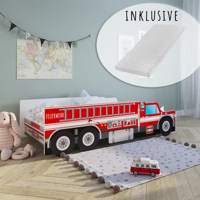 A child's bedroom with a fire truck-themed bed.