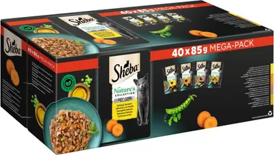 A mega-pack of Sheba cat food pouches, showing the packaging and some of the food.