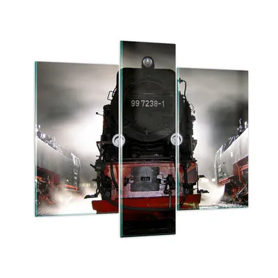 Produktbild von Bilder auf glas - Dampflokomotive Gleise Nebel - 95x80cm - Glasbilder - Wandbilder - Kunstdruck - zum Aufhängen bereit - Wanddekoration aus Glas - Glas Bilder - Wandbild auf Glas - GCB95x80-0281