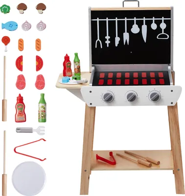 Produktbild von SucceBuy Holz-Grillspielzeug-Grill, Kindergrill-Spielset mit Spiellebensmitteln und Grillwerkzeugen (21 Stück), Küchenzubehör aus Holz, Rollenspiel-Kochspielzeug für Kleinkinder