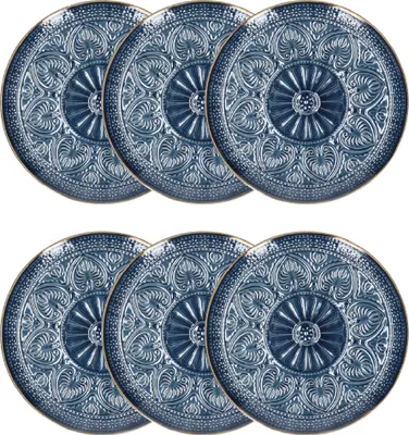 A set of six dinner plates with a decorative blue and white pattern.