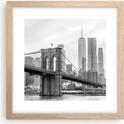 Produktbild von Gerahmtes Poster - Rahmen in heller Eiche - Brücke Brooklyn schwarz und weiß - 30x30 cm - Wand Bild - Wanddeko - Wandbilder - Wandposter - Bilderrahmen - Bilder - Kunstdruck - P2NAC30x30-4245