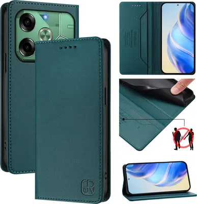Produktbild von Lederhülle für Tecno Pova 6 4G Hülle Flip Brieftasche Kartenfächern Ständer Schutzhülle Dunkelgrün