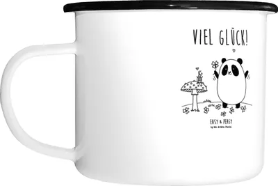 Produktbild von Mr. & Mrs. Panda Teetasse Panda Glück - Weiß - Geschenk, Große Tasse, Emaille, Camping, Pott, Haferl