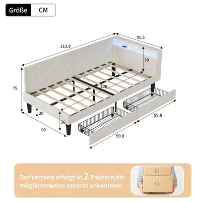Produktbild von Polster-Schlafsofa - Jugendbett 90x200 cm - LED-Beleuchtung & USB-Ladestation - Mit 2 Schubladen - Holzrahmen - Samt - Beige