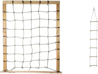 Imagen del producto de Red de escalada con ganchos en forma de "8", para fijación a estructuras de madera de tres lados, y escalera de cuerda con seis peldaños de madera, 2 metros. Juguete para escalar, apto para interiores y exteriores, con capacidad de hasta aproximadamente 75 kg. Número de artículo: 1048