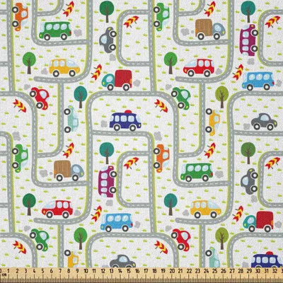 Produktbild von ABAKUHAUS Autos Microfaser Stoff als Meterware , Verkehrsregeln mit Zeichnung Kindisch Kindergarten Themen Allee Strassen Bäume, 2 M (230 x 200 cm), Mehrfarbig