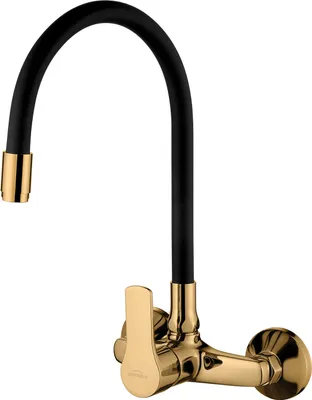 A gold and black kitchen faucet with a flexible spout is shown against a white background.