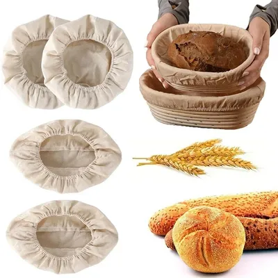 Produktbild von 4-teiliges Leinen-Brotbackset, 2 runde + 2 ovale Gärkörbe-Einlagen, reines Leinen, antihaftend, für Sauerteig, runde Gärkörbe, Backzubehör