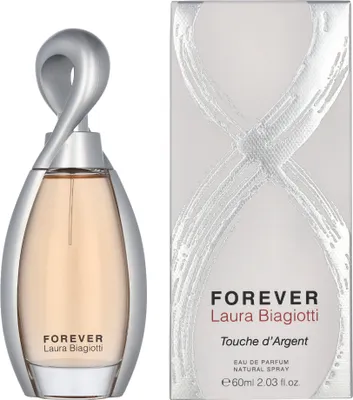 Produktbild von Laura Biagiotti Forever Touche d'Argent, 60 ml, Nicht nachfüllbare Flasche, Bergamotte, Schwarze Johannisbeere, Birne, Rosa Pfeffer, Iris, Maiglöckchen, Pfingstrose, Tuberose, Moschus, Eichenmoos, Tonka-Bohne, Vanille, Spray