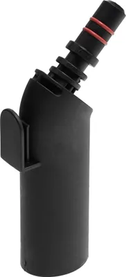 A black plastic connector piece with red rings on an angled nozzle, set against a white background.