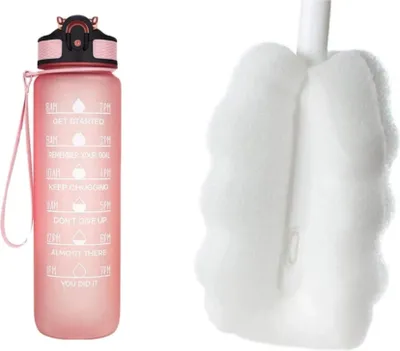 Produktbild von Sport Trinkflasche 1 Liter mit Motivations-Skala, Shaker-Ball und integriertem Strohhalm – Trinke während deiner Aktivität  (Rosa+Reinigungsbürste)