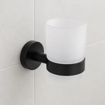 Produktbild von ROUND BLACK Zahnputzbecherhalter aus Edelstahl mit Becher aus Glas - Schwarz Matt - Zahnbürstenhalter Zahnputzbecher Mundglas Bad Badezimmer