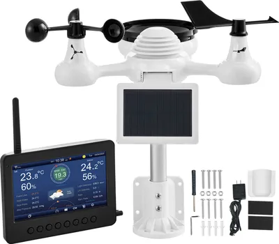 Zdjęcie produktu dla Stacja pogodowa SucceBuy 7 w 1 Wi-Fi, 7-calowy kolorowy wyświetlacz TFT, bezprzewodowa z czujnikiem zasilanym energią słoneczną. Monitoruje temperaturę, wilgotność wewnątrz i na zewnątrz.