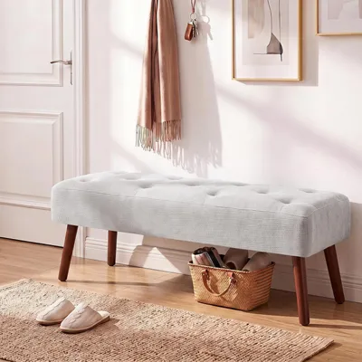 Image de Banc d'entrée, chambre à coucher, gris, tissu chenille, pieds en bois, 113,5 cm