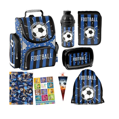 Produktbild von Goldkids - Schulranzen für Jungen und Mädchen, 8er-Set - Schul-Rucksack für Kinder mit Federmäppchen - Schuhbeutel Trinkflasche und Brotdose - Fußball