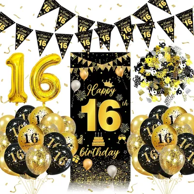 Immagine prodotto di Decorazioni con palloncini per il sedicesimo compleanno: 16 palloncini, colori nero e oro, striscione di 160 x 70 cm, ideali per una festa di compleanno