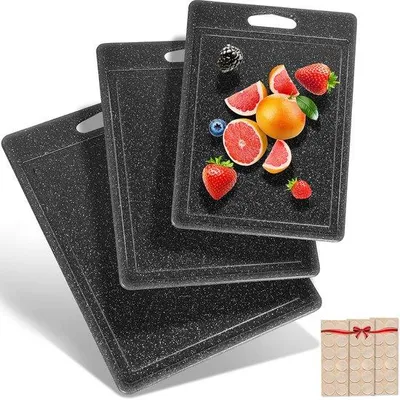 Produktbild von Unyqoos® Kunststoff-Schneidebrett-Set 3-teilig – rutschfeste PP-Schneidebretter mit Saftrille, Griff & Antirutsch-Silikonpads, spülmaschinenfest, schwarz/grau