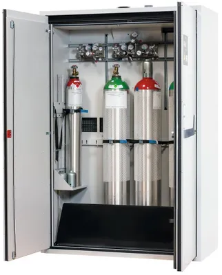 Produktbild von Druckgasflaschenschrank, 30 Min. feuerwiderstandsfähig, für 4x50-l-Flaschen, BxTxH 1400x615x2050 mm, RAL 7035
