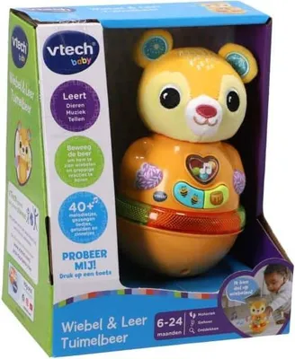 Productafbeelding van VTech Baby Wiebel & Leer Tuimelbeer, geschikt voor baby's vanaf 0,5 jaar, met geluiden, spreekfunctie, vereist batterijen (AAA), gemaakt van kunststof en pluche