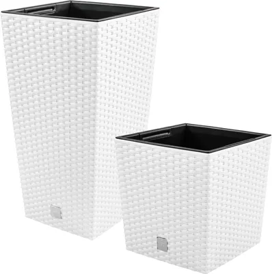 Produktbild von PAFEN 2in1 Set Blumentopf Blumenkübel Rattan-Optik Weiß Pflanztopf mit Einsatz