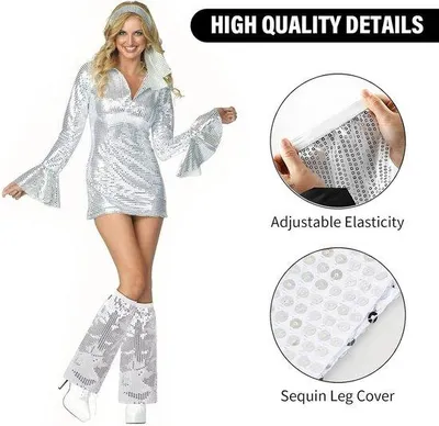 Produktbild von Retro-Legwarmer aus silbernen Pailletten für Erwachsene, im Stil der 70er/80er Jahre, ideal für Karneval und Themenpartys, Einheitsgröße