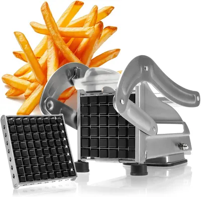 Produktbild von Pommes-Frites-Schneider - Kartoffelpresse - Für gleichmäßiges Schneiden - Mit 2 Aufsätzen - 26 x 9 x 12,5 cm - Silber, Schwarz